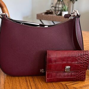 New Ralph Lauren Burgundy Shoulder Bag and Red Crocodile Wallet Set